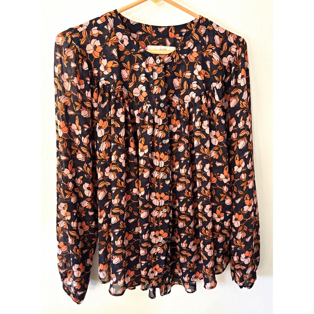 LOFT women’s polyester chiffon blouse M black peach floral long sleeve button